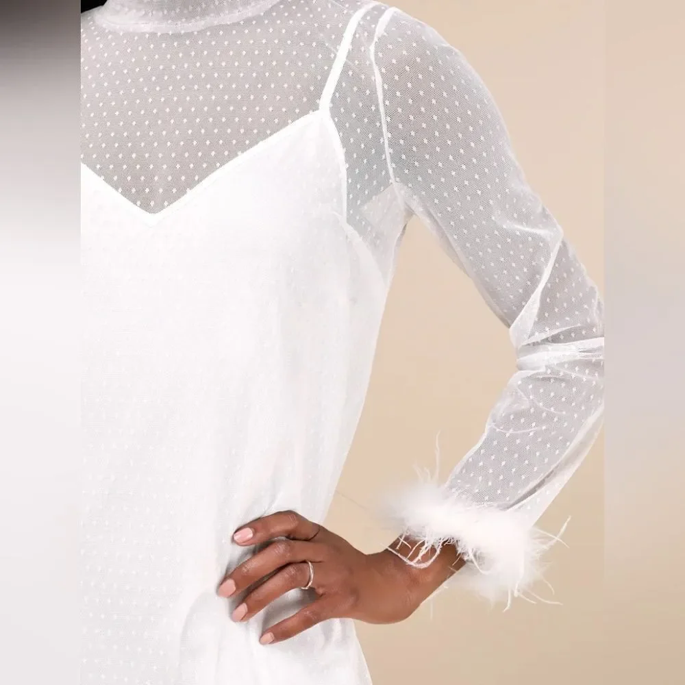 NWT Lulus Immaculate Charisma White Mesh Feather Long Sleeve Mini Dress Large